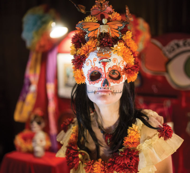 a woman in Day of the Dead skull mask and floral costume